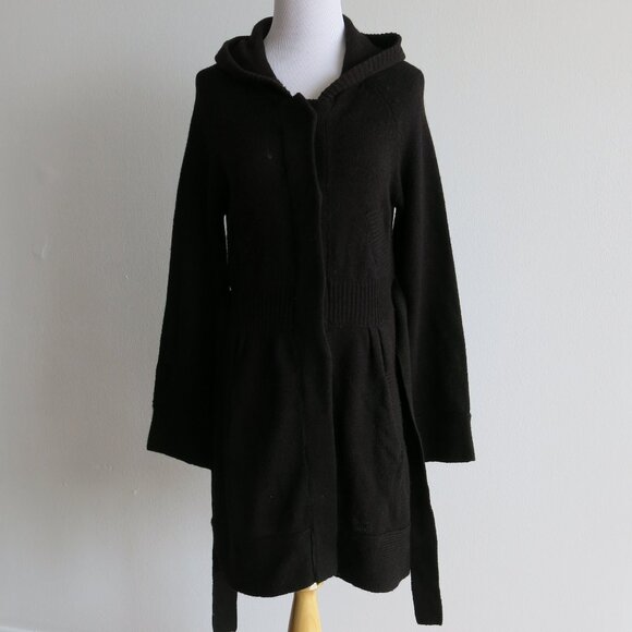 Majora Black Belted Hooded Button Down Long Knit Cardigan Sweater - Size Large - Picture 2 of 9